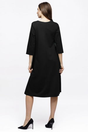 Rochie Eva midi neagra A line din tricot de vascoza si decolteu rotund, imprimeu floare la piept [2]