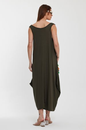 Rochie kaki fara maneci, cu broderie, din tricot de vascoza [9]