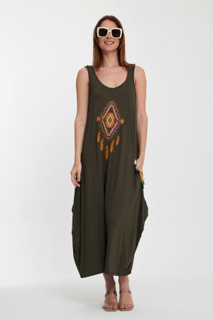 Rochie kaki fara maneci, cu broderie, din tricot de vascoza [4]