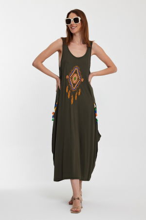 Rochie kaki fara maneci, cu broderie, din tricot de vascoza [8]