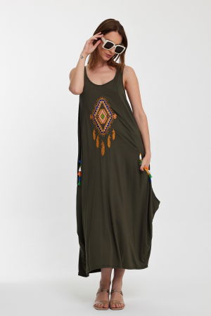 Rochie kaki fara maneci, cu broderie, din tricot de vascoza [2]