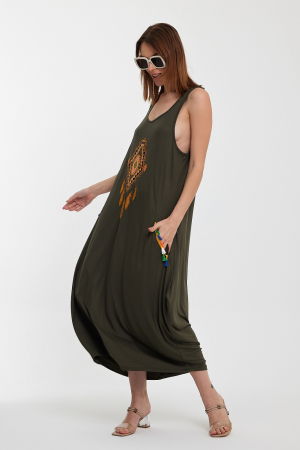 Rochie kaki fara maneci, cu broderie, din tricot de vascoza [1]