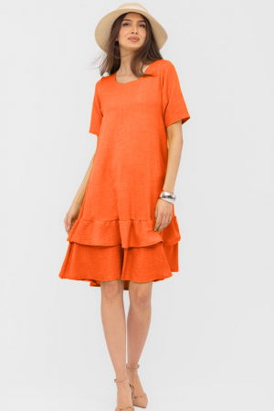 Rochie portocalie `A line` midi, cu doua volane poale, din in mercerizat [1]