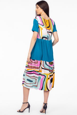 Rochie turcoaz cu platca si doua volane, imprimeu dungi, din bumbac [2]