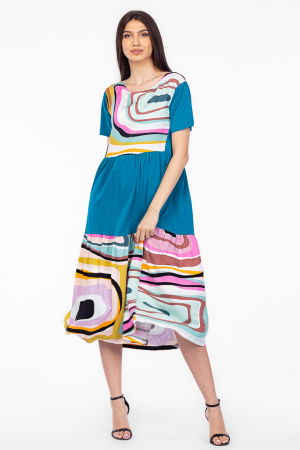 Rochii masuri mari - Rochie turcoaz cu platca si doua volane, imprimeu dungi, din bumbac