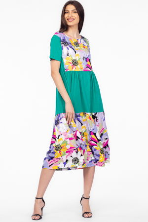 Rochii masuri mari - Rochie verde cu platca si doua volane, imprimeu flori mari, din bumbac