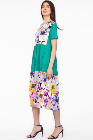 Rochie verde cu platca si doua volane, imprimeu flori mari, din bumbac [1]