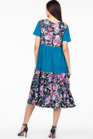 Rochie turcoaz cu platca si doua volane, imprimeu trandafiri, din bumbac [2]