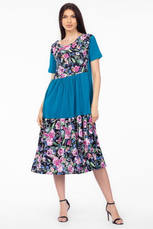 Rochii masuri mari - Rochie turcoaz cu platca si doua volane, imprimeu trandafiri, din bumbac