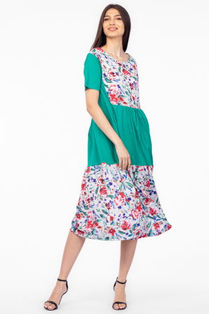 Rochii masuri mari - Rochie verde cu platca si doua volane, imprimeu trandafiri, din bumbac