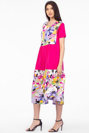 Rochie fucsia cu platca si doua volane, imprimeu flori mari, din bumbac [1]