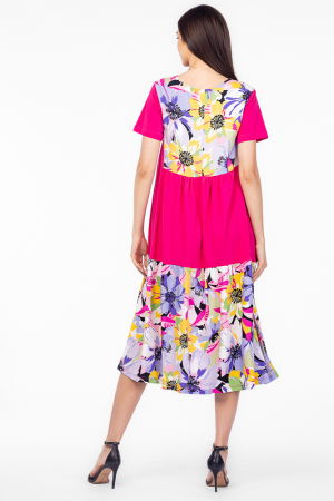 Rochie fucsia cu platca si doua volane, imprimeu flori mari, din bumbac [2]