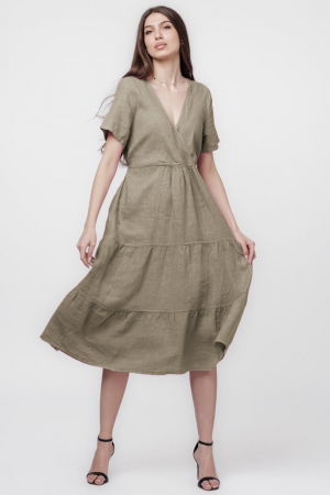 Rochie bej inchis din in cu volane si bust petrecut [1]