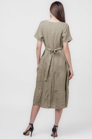 Rochie bej inchis din in cu volane si bust petrecut [2]