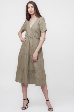 Rochii din In - Rochie bej inchis din in cu volane si bust petrecut