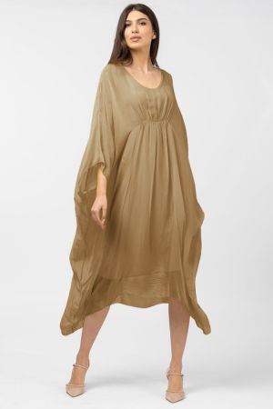 Rochii Elegante & Office - Rochie camel in colturi, lunga, ampla, din matase si vascoza, cu detaliu sub bust -