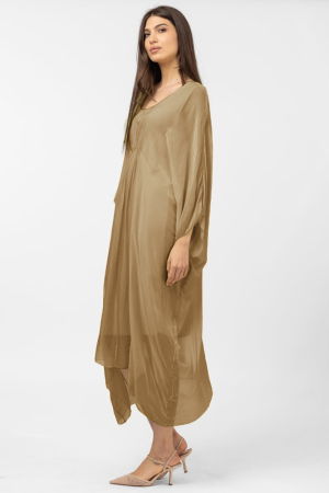 Rochie camel in colturi, lunga, ampla, din matase si vascoza, cu detaliu sub bust - [1]