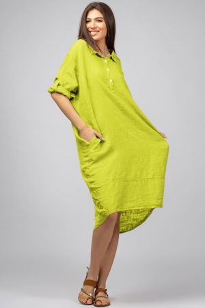 Rochii din In - Rochie verde neon din in Stella Milani cu inel metalic pe spate