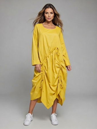 Rochii din Bumbac - Rochie midi galbena cu design asimetric si detalii drapate
