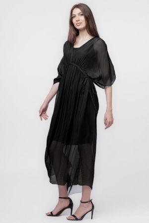 Rochie "Goddess" din matase si vascoza cu snur impletit pe decolteu si talie, neagra [1]