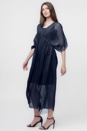 Rochie "Goddess" din matase si vascoza cu snur impletit pe decolteu si talie, bleumarin [1]