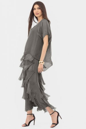 Rochii Elegante & Office - Rochie gri inchis din matase si vascoza cu  volane franjurate suprapuse