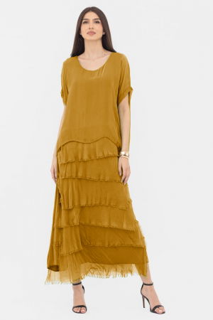 Rochie mustar din matase si vascoza cu  volane franjurate suprapuse [1]