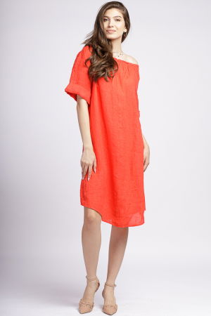 Rochii din In - Rochie asimetrica din in corai, cu decolteu pe elastic