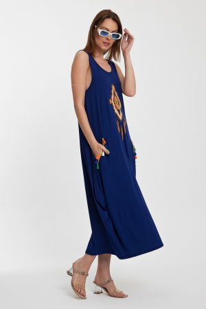 Rochie albastra fara maneci, cu broderie, din tricot de vascoza [7]