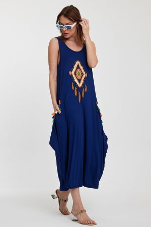 Rochie albastra fara maneci, cu broderie, din tricot de vascoza [5]