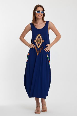 Rochie albastra fara maneci, cu broderie, din tricot de vascoza [1]