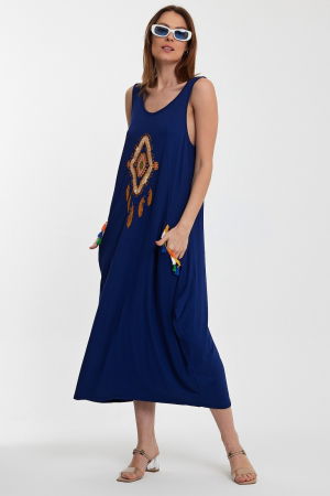 Rochie albastra fara maneci, cu broderie, din tricot de vascoza [4]