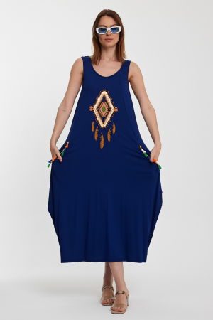 Rochie albastra fara maneci, cu broderie, din tricot de vascoza [3]