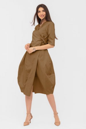 Rochii Elegante & Office - Rochie lalea camel din poplin de bumbac, petrecuta