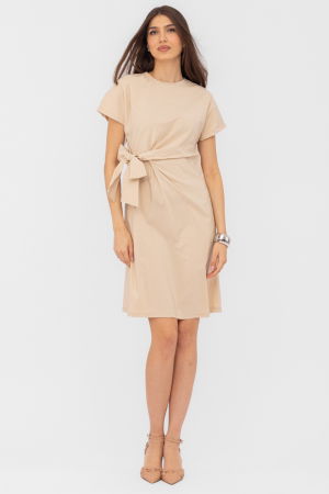 Rochii Casual - Rochie midi bej din vascoza, petrecuta pe talie