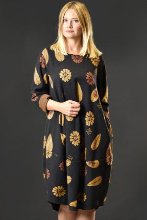 Rochii Elegante & Office - Rochie lalea calduroasa neagra cu imprimeu vegetal caramiziu si galben