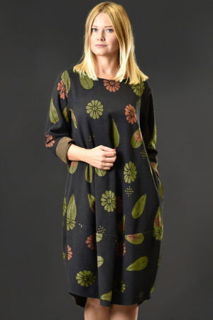 Rochii Elegante & Office - Rochie lalea calduroasa neagra cu imprimeu vegetal caramiziu si verde