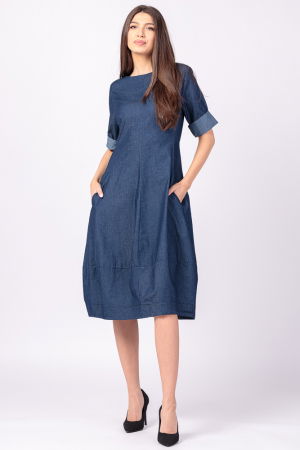Rochii din Bumbac - Rochie lalea cambrata, cu fermoar, din denim albastru, subtire