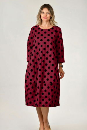 Rochii din Vâscoză - Rochie lalea, bordo cu buline embosate, catifelate si croi lejer, din vascoza