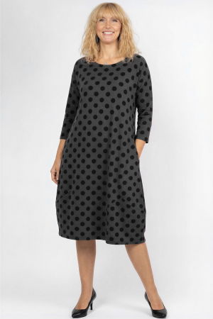 Rochii Casual - Rochie lalea cu buline embosate si catifelate, din jerseu de bumbac gri cu negru