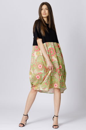 Rochie lalea cu bust negru si imprimeu mandale verde deschis [3]