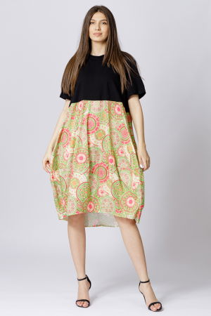 Rochii Casual - Rochie lalea cu bust negru si imprimeu mandale verde deschis