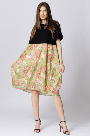 Rochie lalea cu bust negru si imprimeu mandale verde deschis [1]