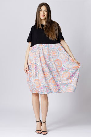 Rochii Casual - Rochie lalea cu bust negru si imprimeu mandale bleu