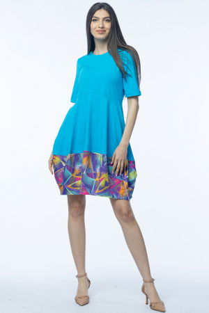 Rochii - Rochie lalea din bumbac turcoaz, cu imprimeu la poale