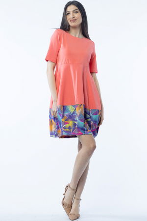 Rochii - Rochie lalea din bumbac corai, cu imprimeu la poale