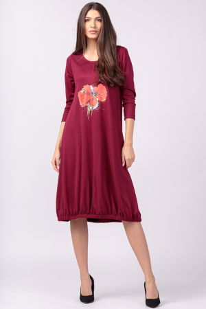 Rochii - Rochie bordo din tricot, cu elastic la poale si imprimeu maci rosii