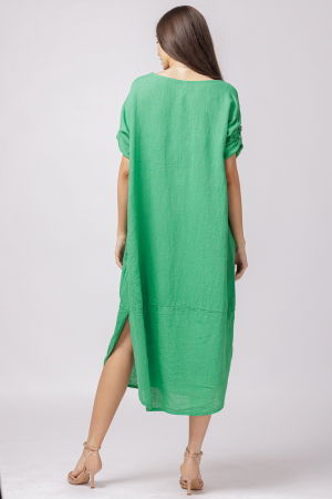 Rochie lalea oversize din in cu buzunare si crapaturi laterale rotunjite, verde [1]
