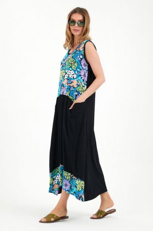 Rochie fara maneci, cu imprimeu turcoaz-lila, din vascoza [1]