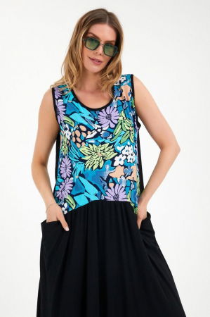 Rochie fara maneci, cu imprimeu turcoaz-lila, din vascoza [3]